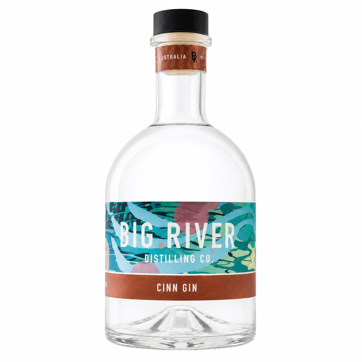 A bottle of Big River Distilling Co. Cinn Gin with a clear glass body, a black screw cap, and a colorful label featuring teal, pink, and brown tropical-style artwork.
