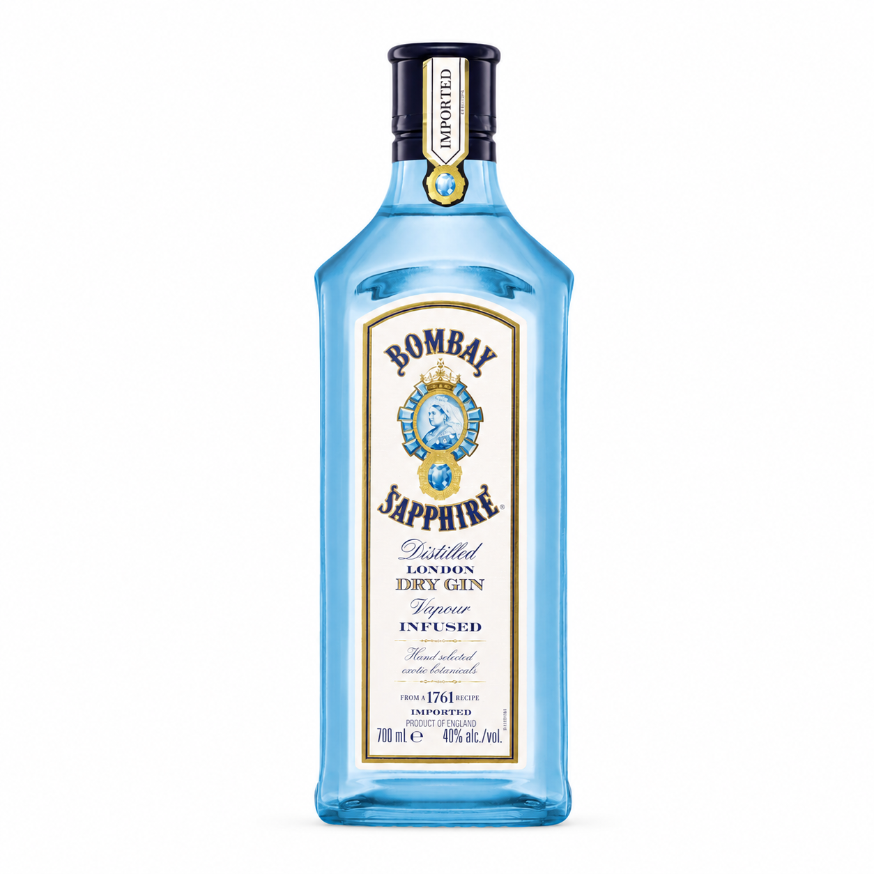 A bottle of Bombay Sapphire Distilled London Dry Gin Vodka Infused, featuring a light blue glass bottle, a cream and gold label with the brand's crest, and a black cap with a gold seal, set against a plain white background.