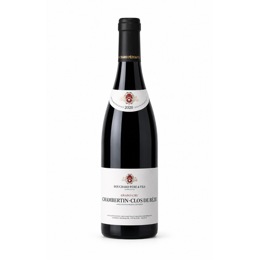 A bottle of Bouchard Père & Fils Chambertin-Clos de Beze Grand Cru red wine, featuring a dark glass bottle with a black capsule and a white label, set against a plain white background.