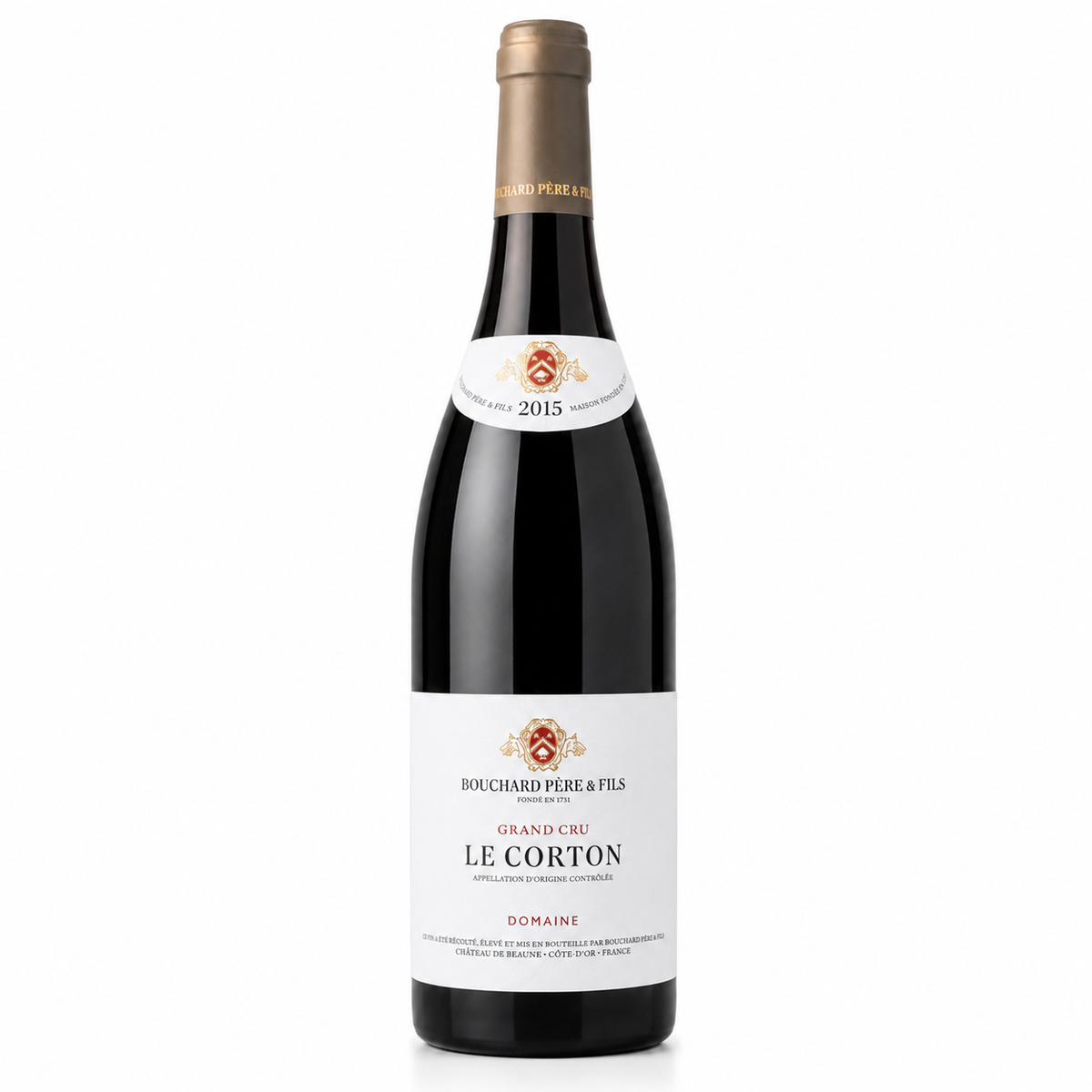 A bottle of Bouchard Pere & Fils Le Corton Grand Cru red wine, featuring a dark glass bottle, white label, and gold foil cap, set against a plain white background.