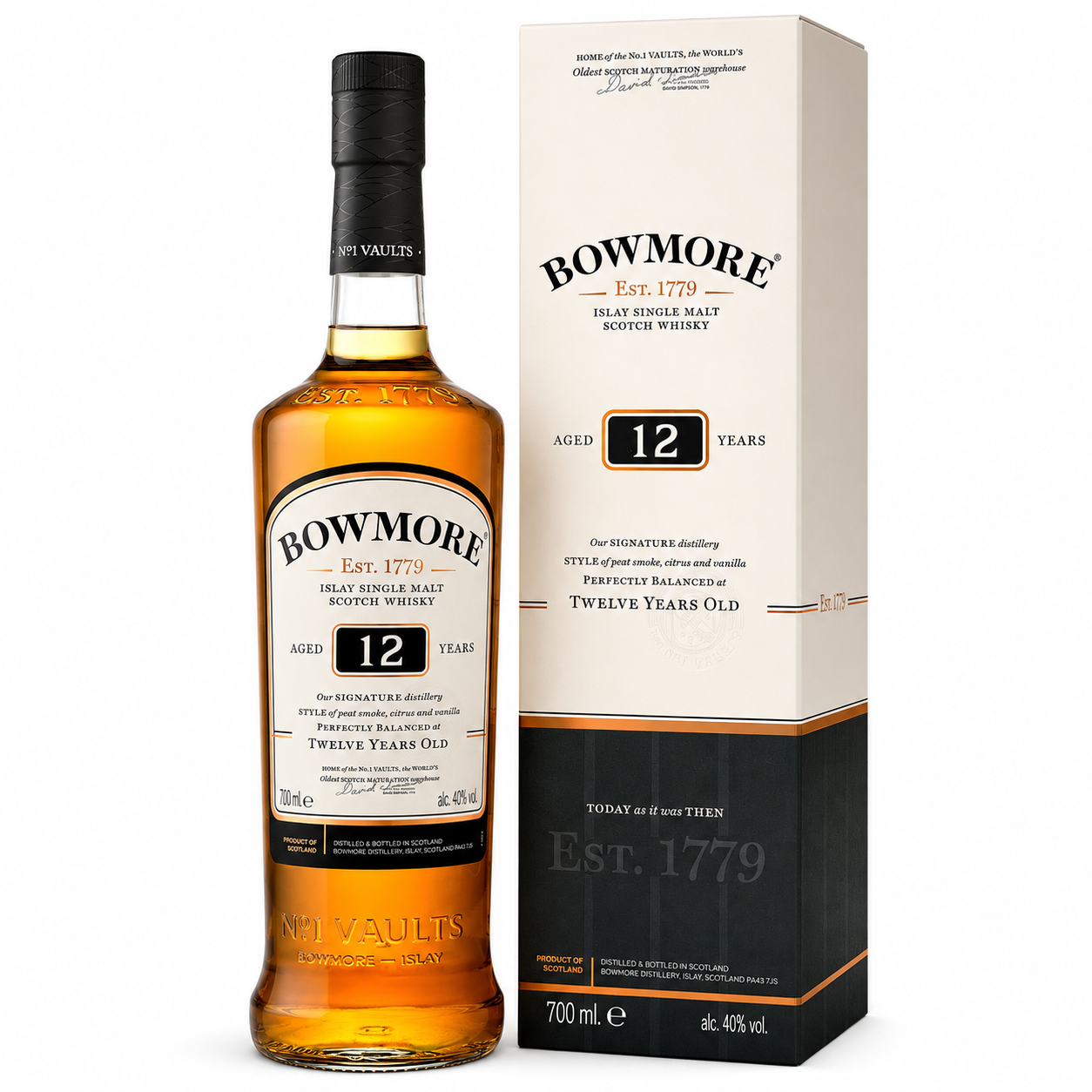A bottle of Bowmore 12 Years Old single malt Scotch whisky stands next to its retail box on a clean white background. The bottle contains amber whisky and has a black cap with a white and black label.