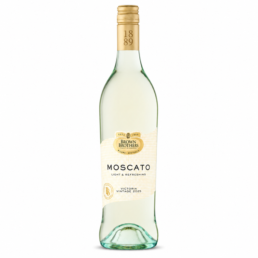 A bottle of Brown Brothers Moscato wine with a gold foil neck seal and a cream-colored label, set against a plain white background.