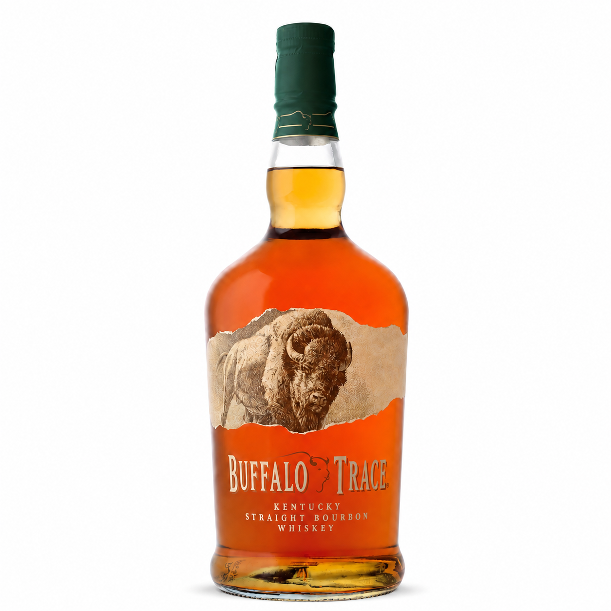 A bottle of Buffalo Trace Kentucky Straight Bourbon Whiskey with amber liquid, a brown bison label, and a dark green cap, shown on a white background.