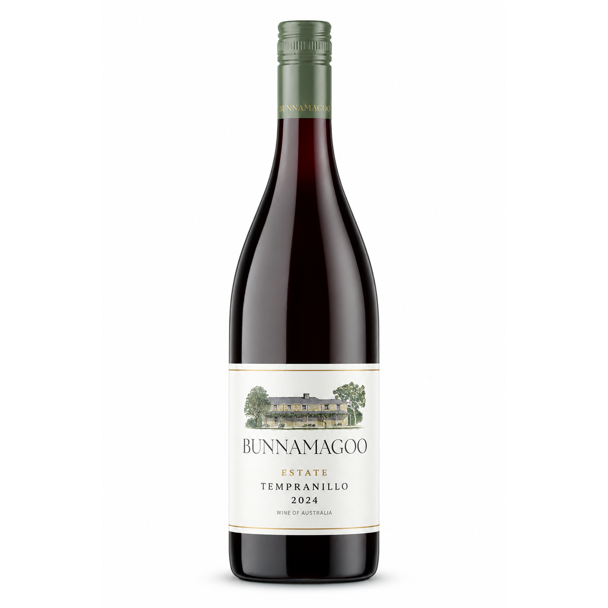 A bottle of Bunnamagoo Estate Tempranillo 2024 red wine, featuring a dark glass bottle with a cream-colored label and a green screw cap, set against a plain white background.