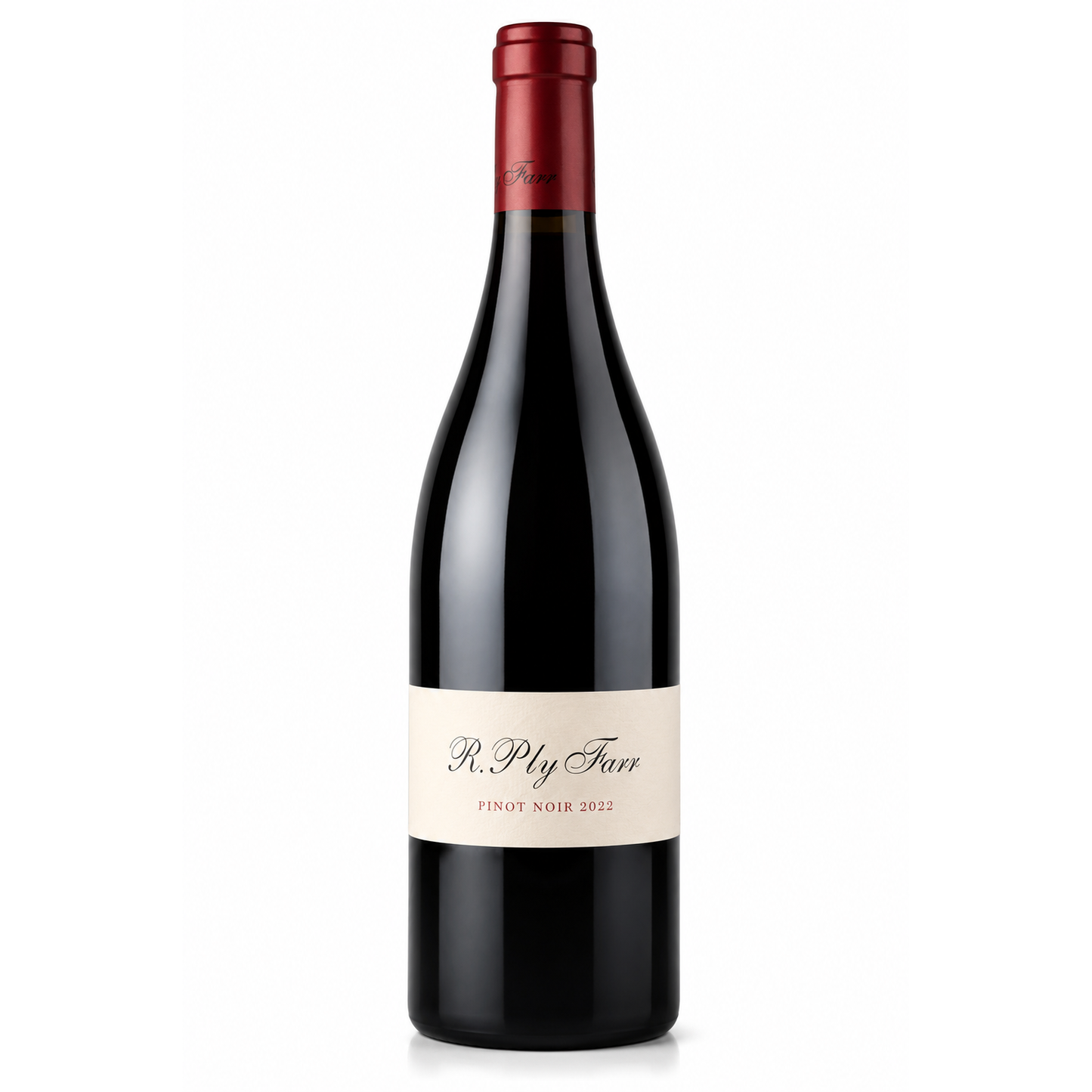A bottle of By Farr RP Pinot Noir 2022 red wine, featuring a dark glass bottle, a cream-colored label with elegant black script, and a dark red foil capsule at the top, set against a plain white background.