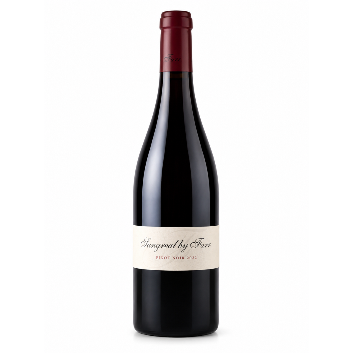 A bottle of By  Farr Sangreal Pinot Noir 2012 red wine, featuring a dark glass bottle, a cream-colored label with elegant black script, and a dark red foil capsule at the neck, set against a plain white background.