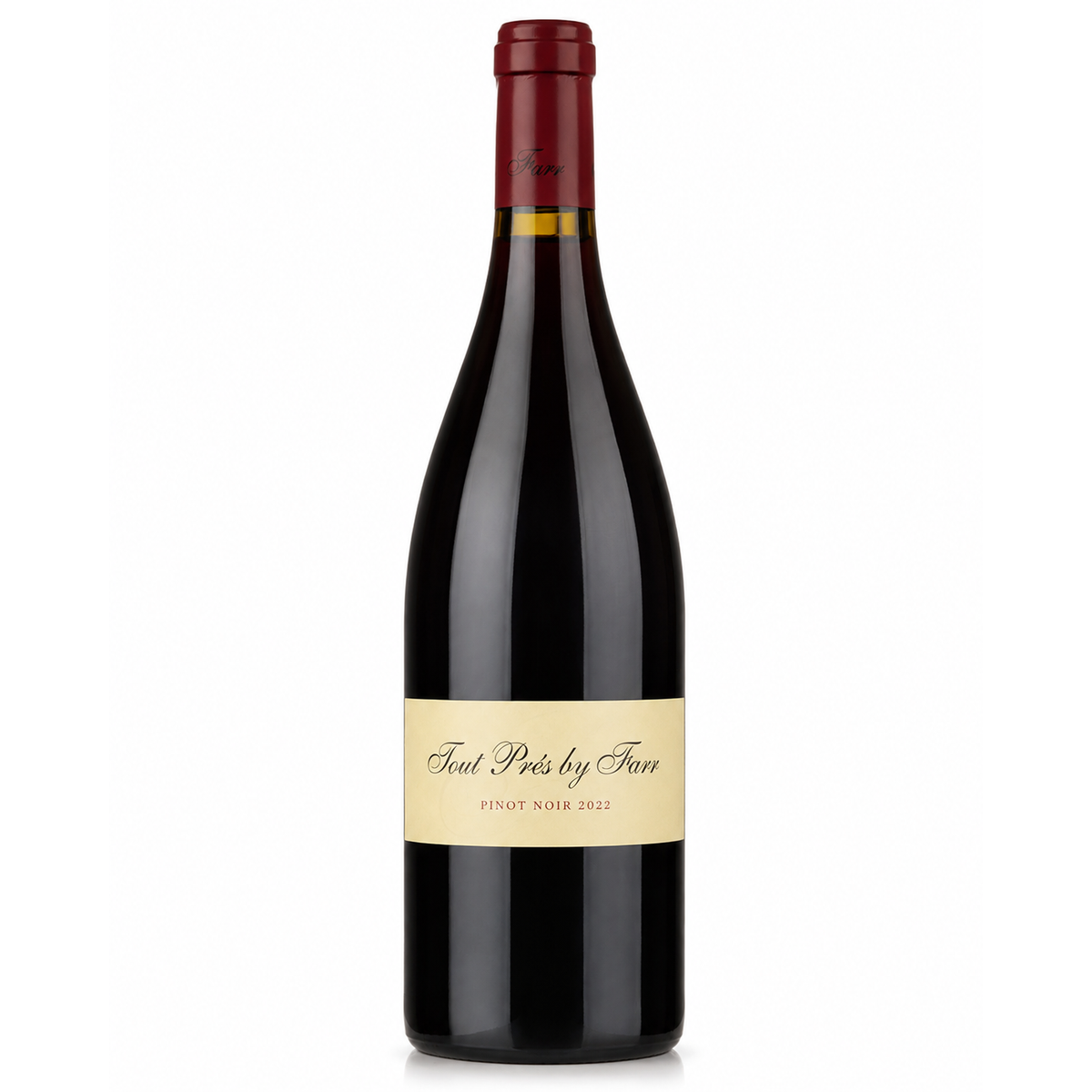 A bottle ofTout Près Pinot Noir by Farr 2021, featuring a dark glass bottle with a beige label and a dark red foil capsule, set against a plain white background.