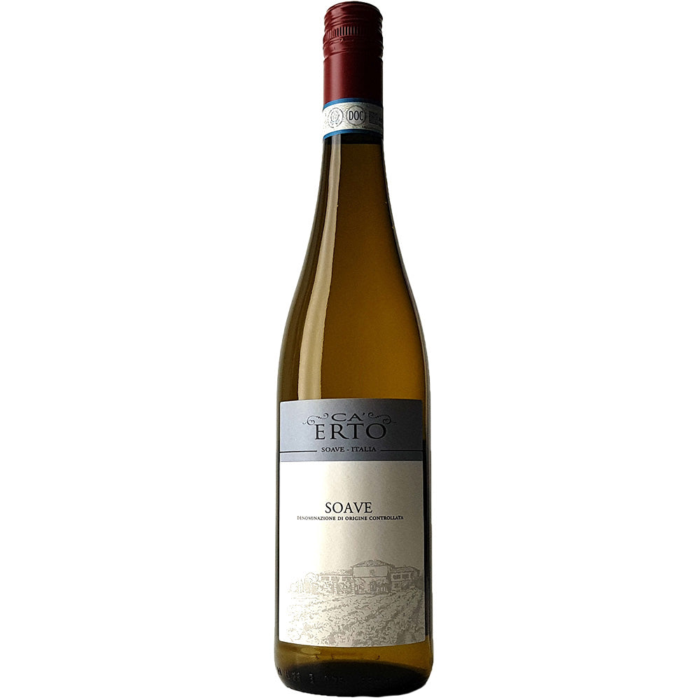 A bottle of Ca' Erto Soave white wine with label detailing the wine type and brand.