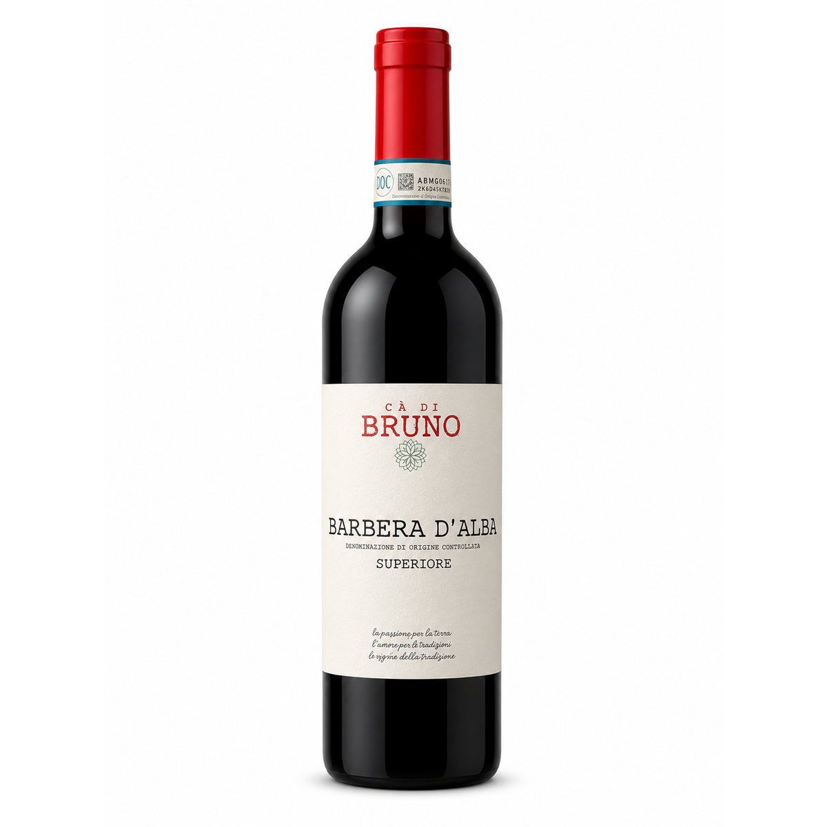 A bottle of Ca di Bruno Barbera d'Alella Superiore red wine, featuring a dark glass bottle with a cream-colored label and a red foil capsule on the neck, set against a plain white background.
