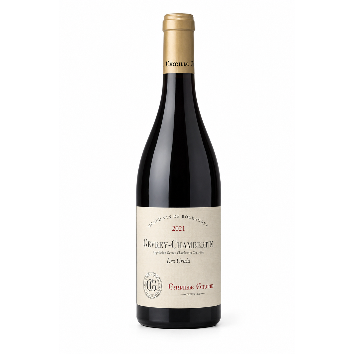 A bottle of Crainville-Goncourt Gevrey-Chambertin Les Crau 2021 Grand Vin de Bourgogne red wine, featuring a dark glass bottle with a gold foil top and a cream-colored label.