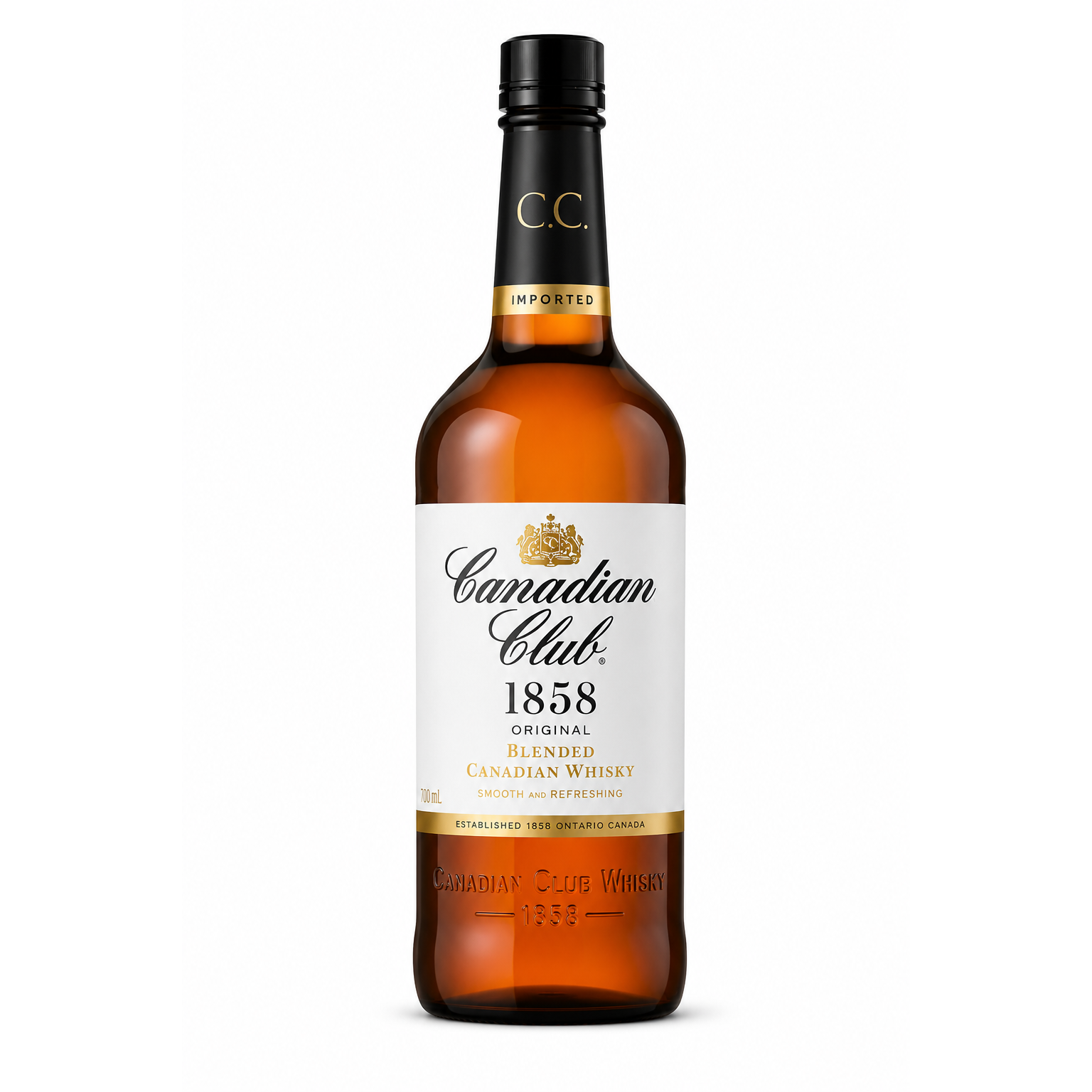 A bottle of Canadian Club 1858 Original Blended Canadian Whiskey on a solid white background.