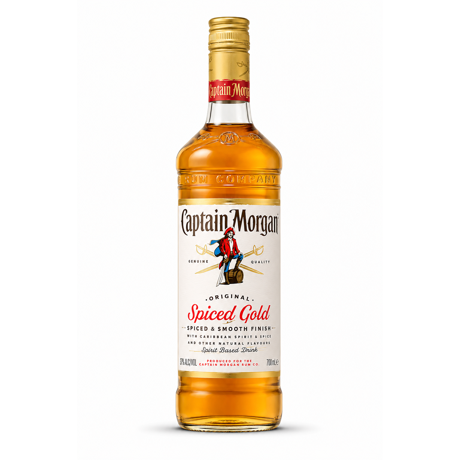 A bottle of Captain Morgan Spiced Gold rum on a clean white background. The clear glass bottle shows the golden amber liquid inside, topped with a gold cap and featuring the iconic Captain Morgan label with red and black text.
