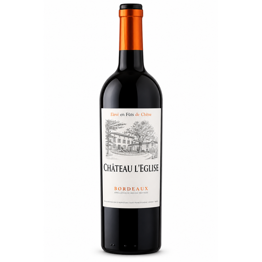 A bottle of Château L'Eglise Bordeaux red wine, featuring a dark glass bottle with a white label and an orange foil neck wrap, set against a plain white background.