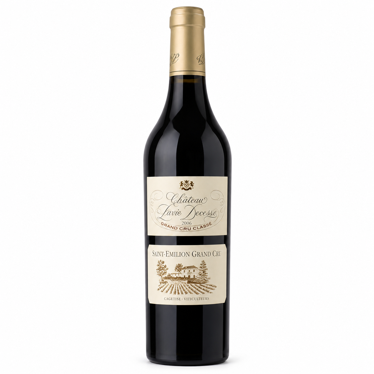 A bottle of Château Pavie Decesse Saint-Émilion Grand Cru 2006 red wine, featuring a dark glass bottle with a gold foil capsule and cream-colored labels.