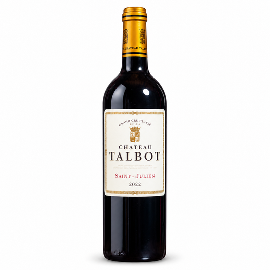 A bottle of Chateau Talbot Grand Cru Classique Saint-Julien 2022 red wine, featuring a dark glass bottle with a cream-colored label and a gold foil neck wrap, set against a plain white background.