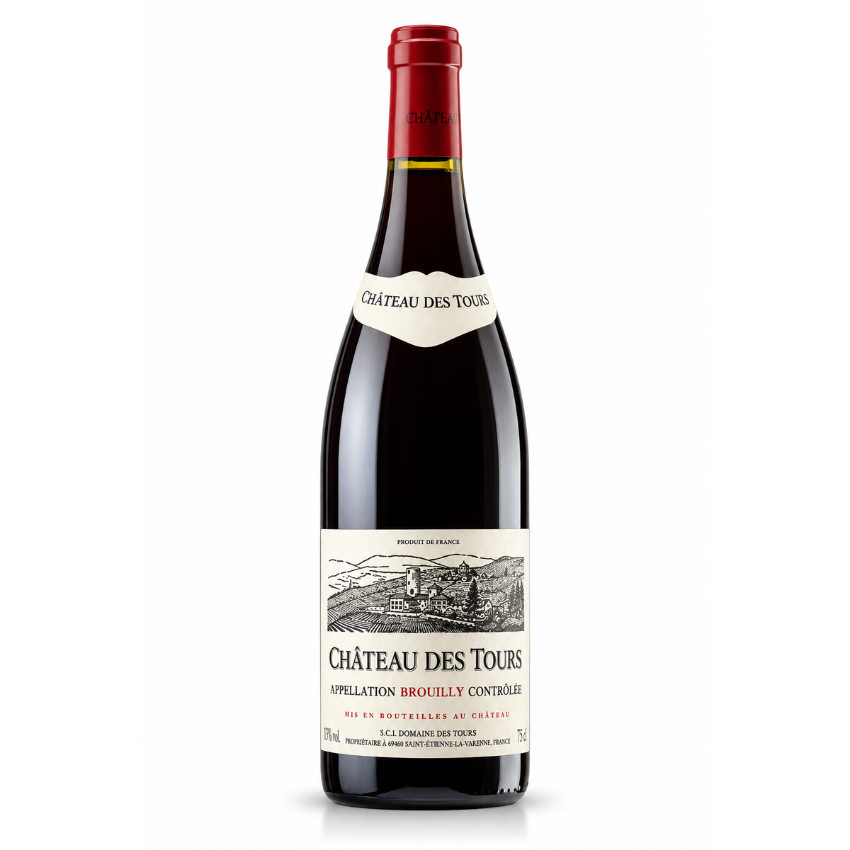 A bottle of Château des Tours red wine with a dark glass body, cream-colored label, and a red foil capsule, shown on a plain white background.