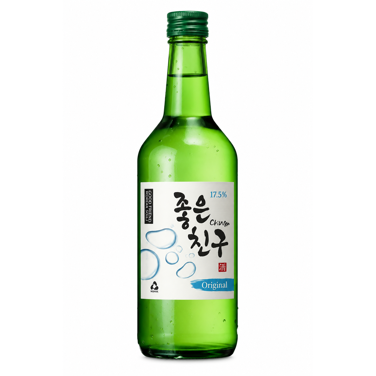 A green glass bottle of Korean soju liquor with a white label featuring black and blue text and graphics, sealed with a green cap, on a plain white background.