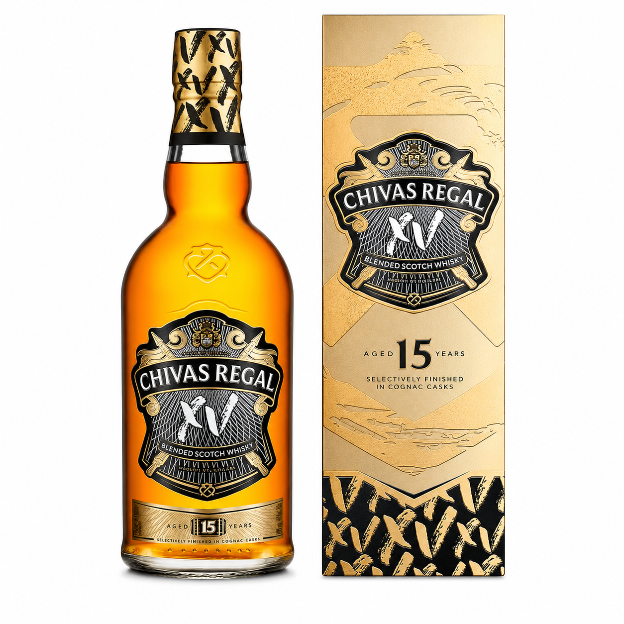 Chivas Regal XV 15 years old cognac whiskey bottle next to its gold and black packaging box, shown on a clean white background.