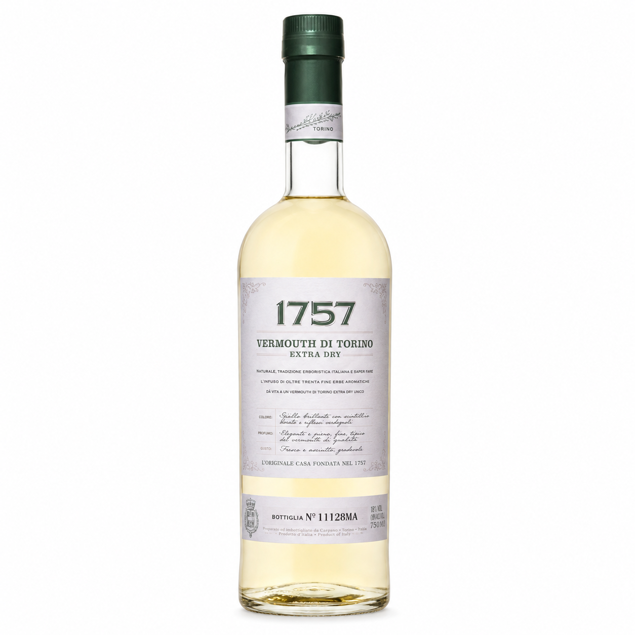 A bottle of 1757 Vermouth di Torino Extra Dry white wine, featuring a pale golden liquid, a white label with black and green text, and a dark green cap, set against a plain white background.