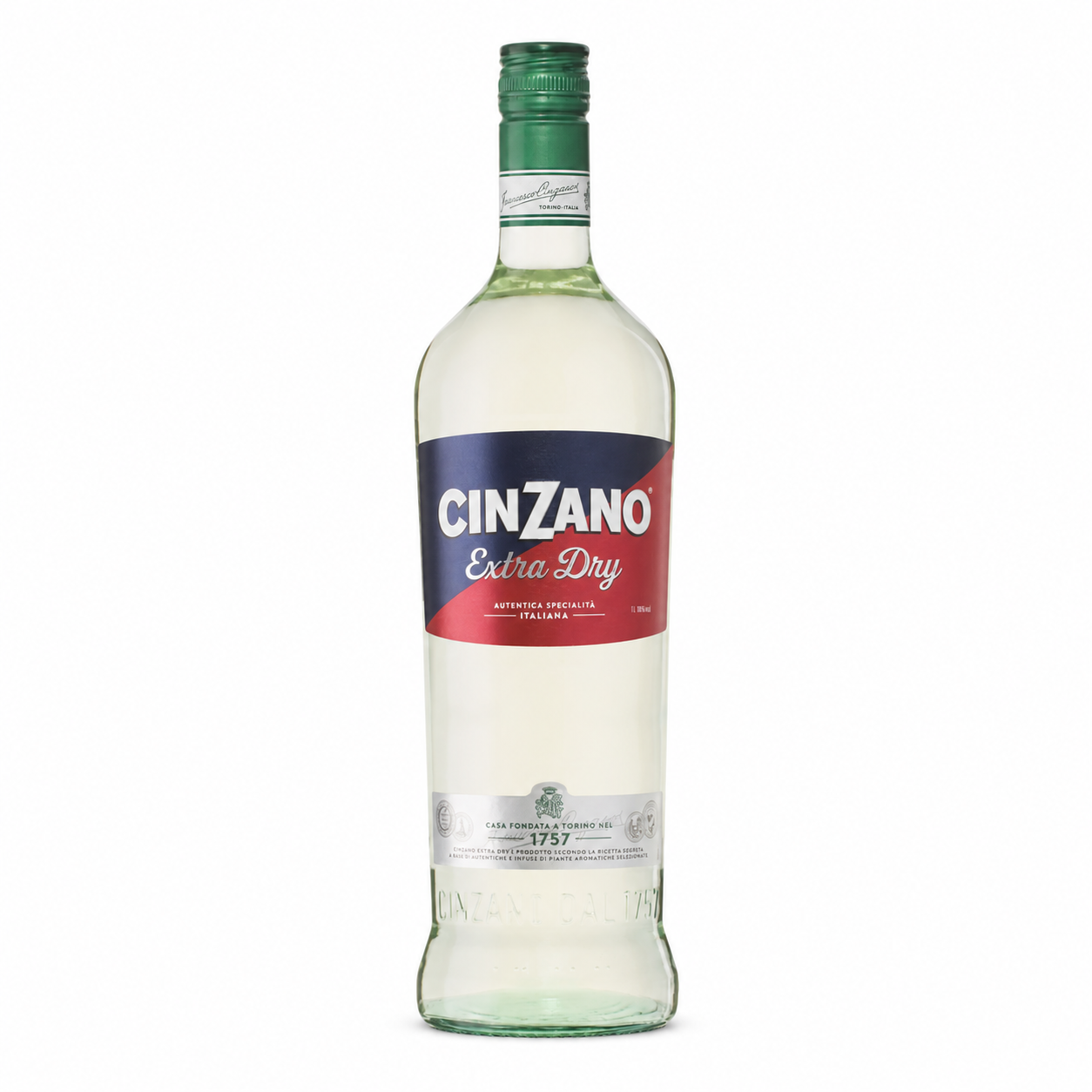 A bottle of Cinzano Extra Dry white wine on a plain white background. The bottle is made of clear glass, showing the pale liquid inside, and features a green screw cap, a dark blue and red label with white lettering, and a silver band near the bottom.