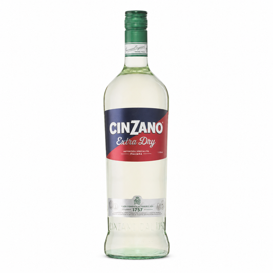 A bottle of Cinzano Extra Dry white wine on a plain white background. The bottle is made of clear glass, showing the pale liquid inside, and features a green screw cap, a dark blue and red label with white lettering, and a silver band near the bottom.