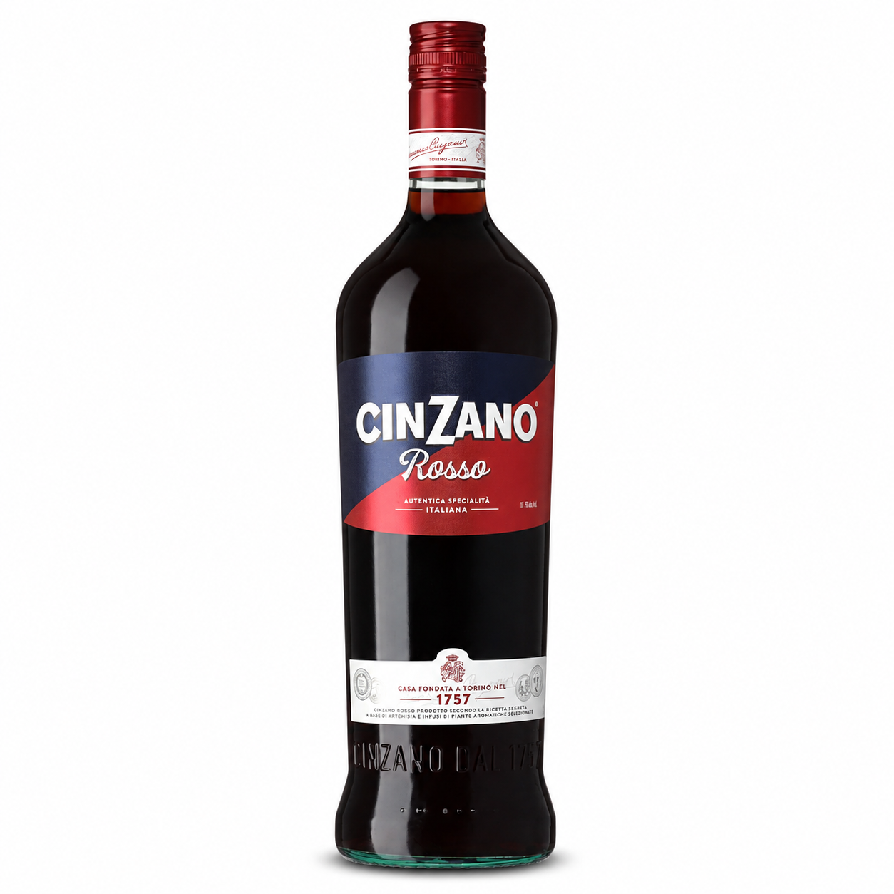 A bottle of Cinzano Rosso non-alcoholic Italian spirit, featuring a dark glass bottle with a red and blue label and a red foil cap, set against a plain white background.