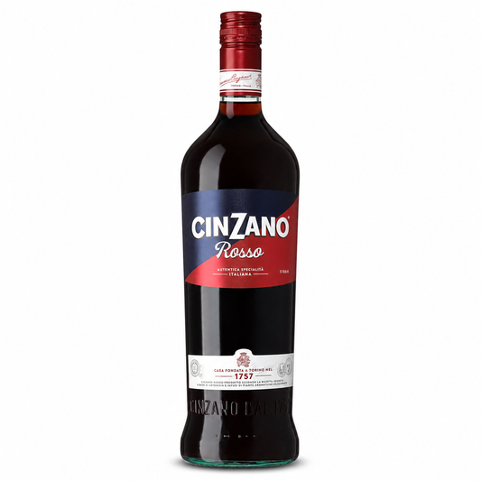 A bottle of Cinzano Rosso non-alcoholic Italian spirit, featuring a dark glass bottle with a red and blue label and a red foil cap, set against a plain white background.