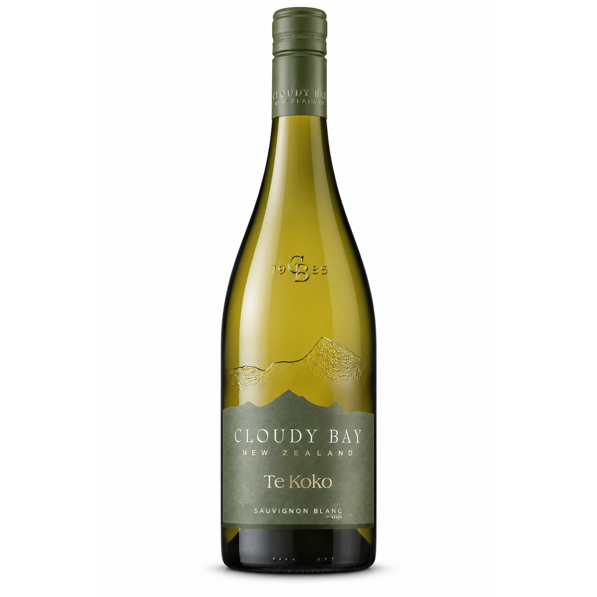 A bottle of Cloudy Bay Te Koko Sauvignon Blanc, featuring a green glass bottle with a matching green cap and label, set against a plain white background.