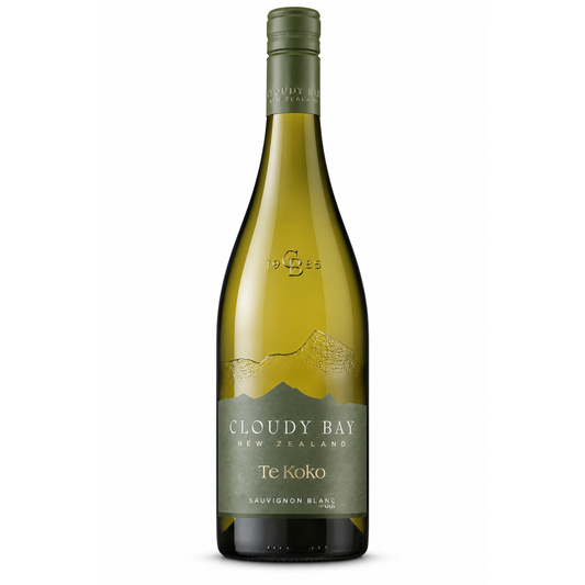 A bottle of Cloudy Bay Te Koko Sauvignon Blanc, featuring a green glass bottle with a matching green cap and label, set against a plain white background.