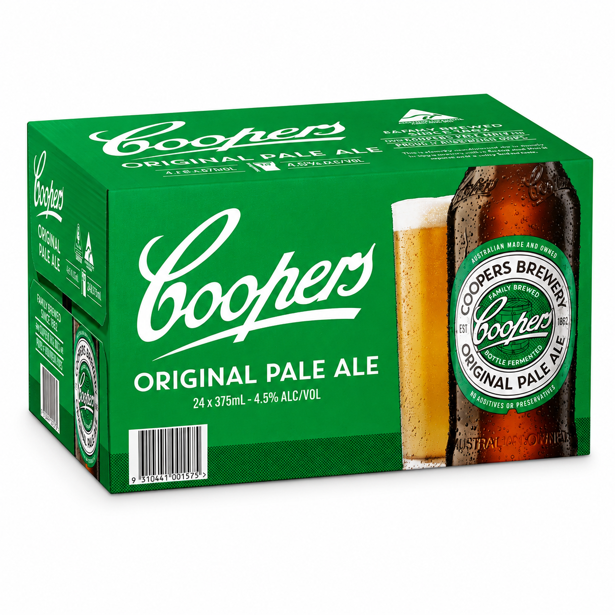 A green Coopers Original Pale Ale 24-pack cardboard case, showing a bottle and a glass of the pale ale on the front, photographed on a white background.