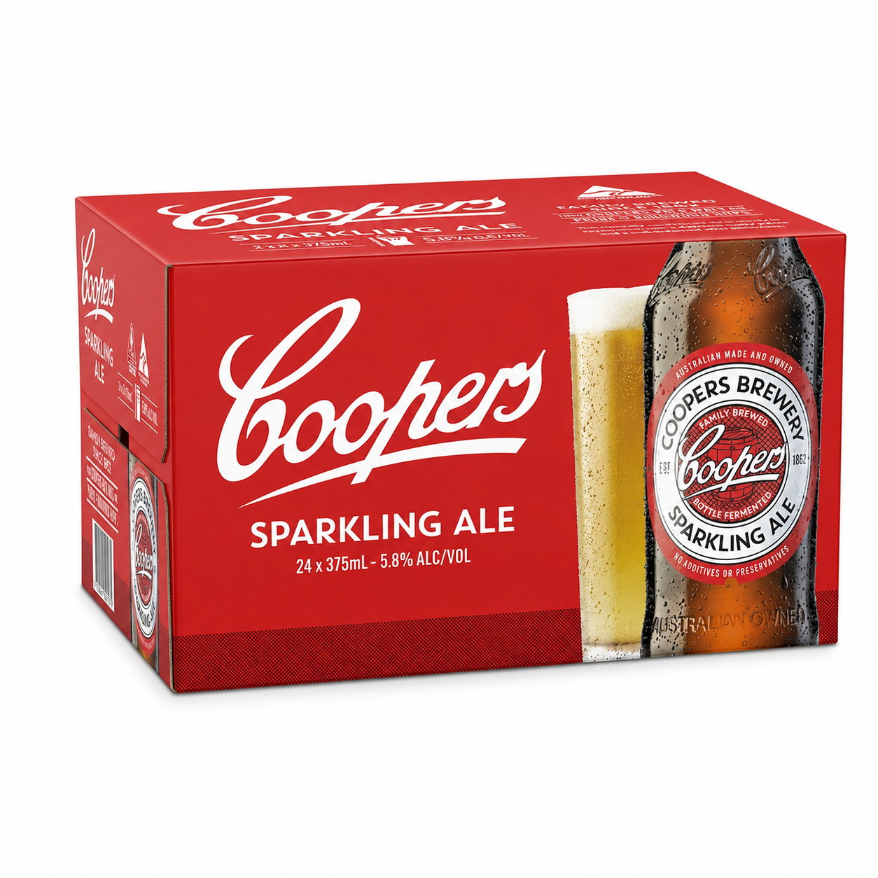 A 24-pack cardboard case of Coopers Sparkling Ale, featuring a bright red box with the Coopers logo and an image of a frothy beer glass and a dark glass bottle on the front, photographed on a white background.