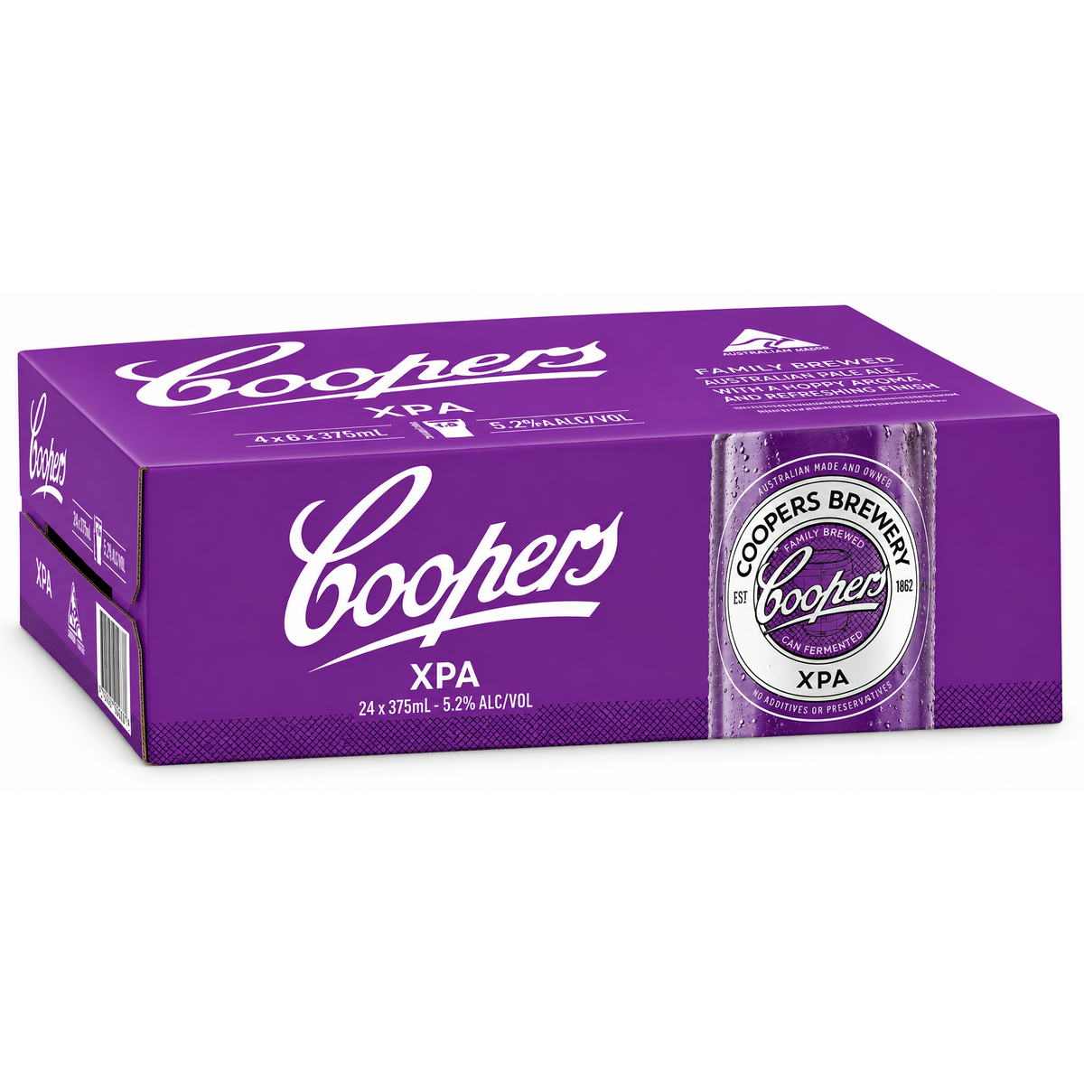 A purple Coopers XPA beer case showing a single glass can on the front, with Coopers branding and Coopers Brewery text prominently visible.