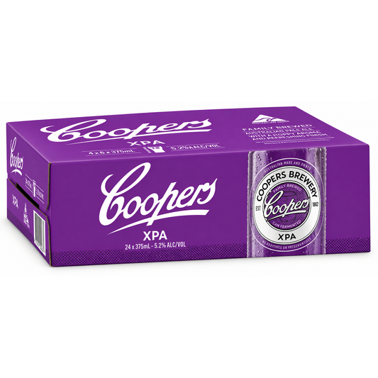 A purple Coopers XPA beer case showing a single glass can on the front, with Coopers branding and Coopers Brewery text prominently visible.