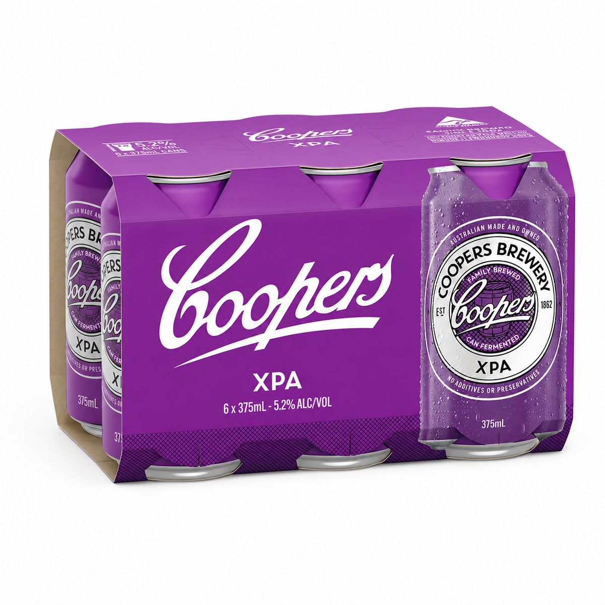 A six-pack cardboard carrier of Coopers XPA beer cans, shown on a plain white background. The packaging is predominantly purple with white branding text, and one can is pulled out on the right to show the silver and purple label.