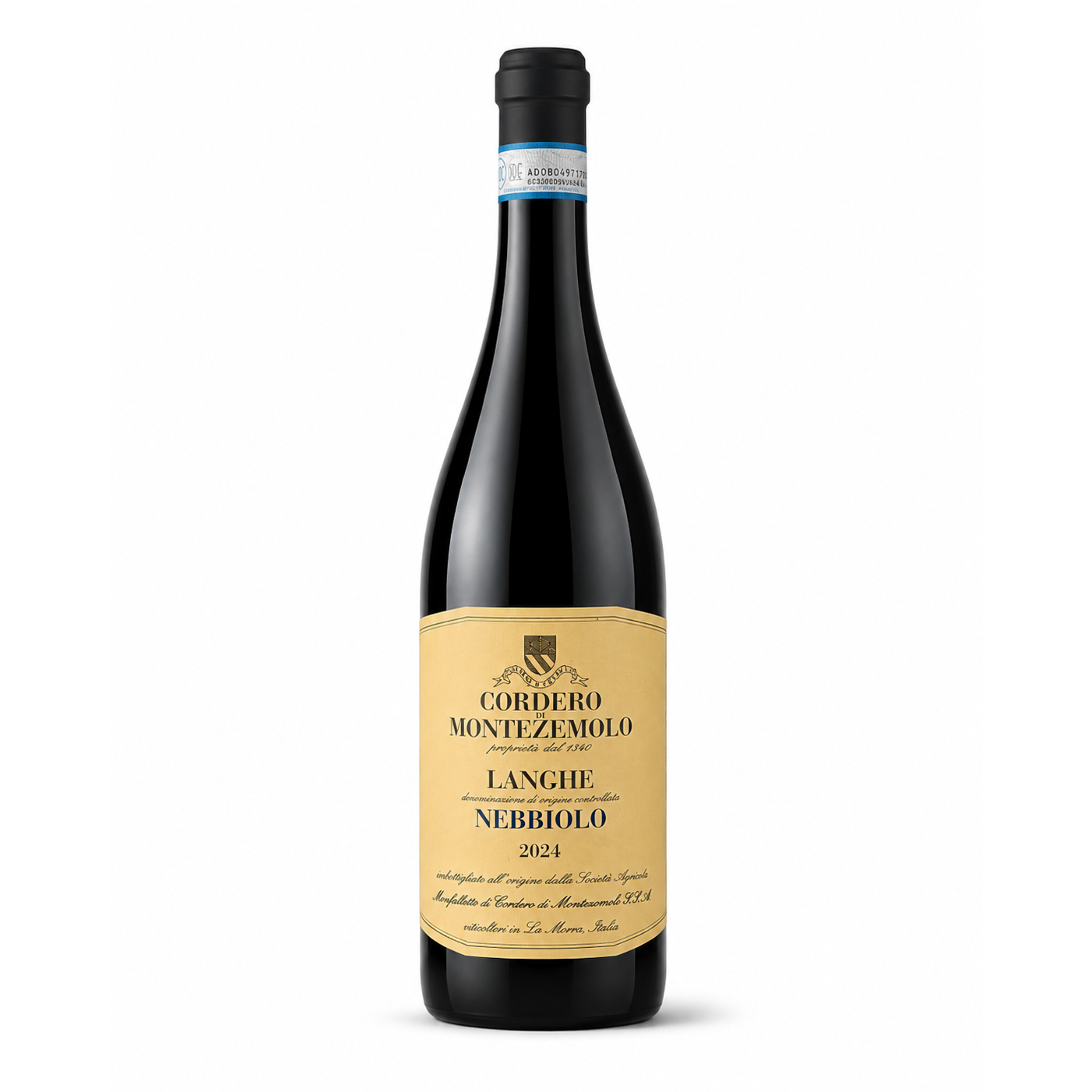A single bottle of Cordero Montemolo Langhe Nebbiolo 2024 red wine, featuring a dark glass bottle with a beige label and black cap, set against a plain white background.