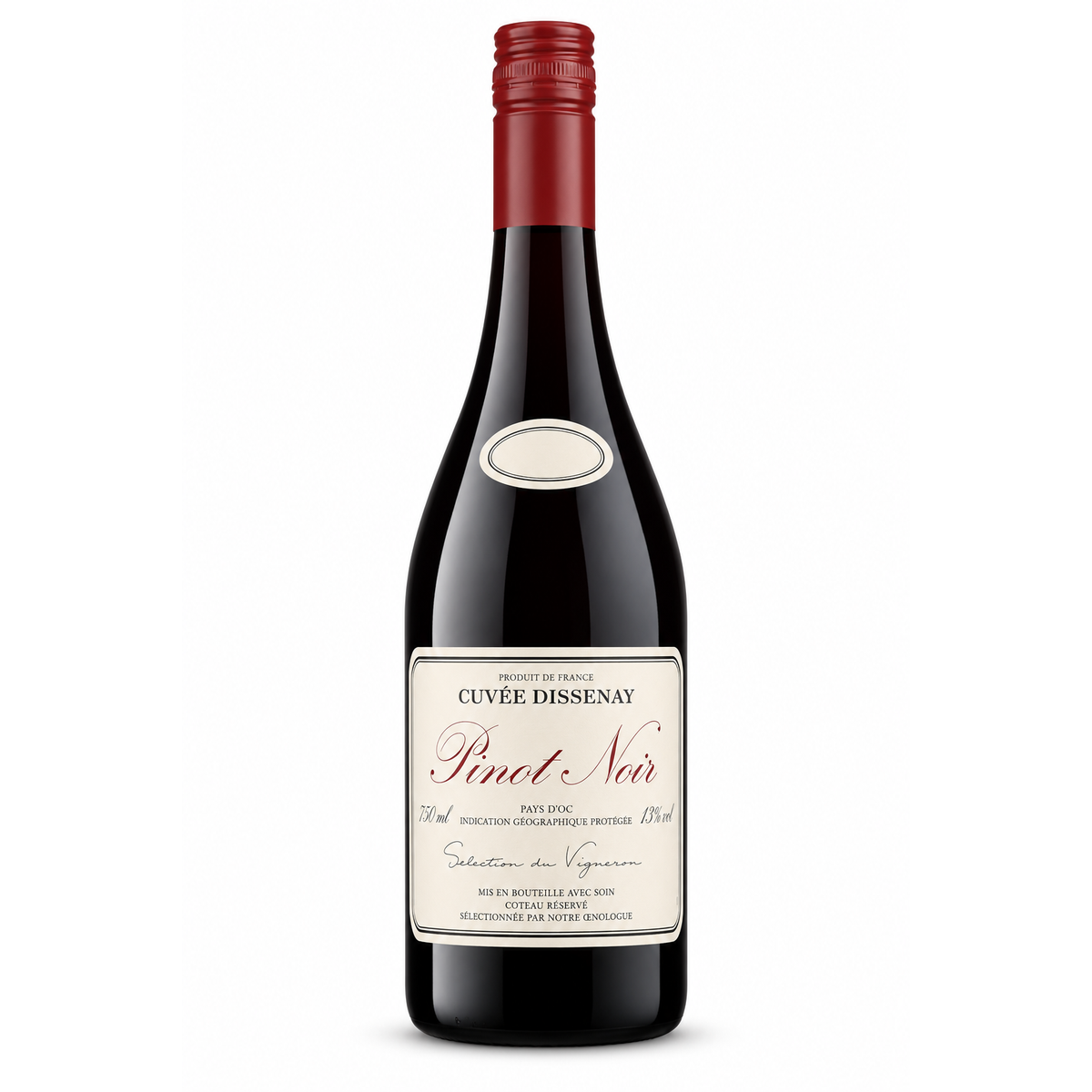 A bottle of Cuvée Dissenay Pinot Noir red wine, featuring a dark glass body, a cream-colored label with elegant script, and a textured red foil seal on the neck, set against a plain white background.