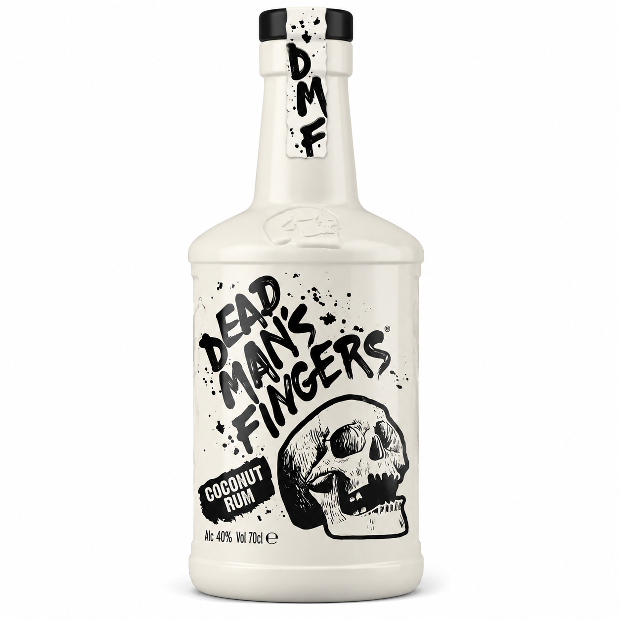 A bottle of Dead Man's Fingers Coconut Rum on a plain white background. The bottle is off-white with black text and a skull graphic on the label, and a black-and-white 'DMF' seal on the neck.