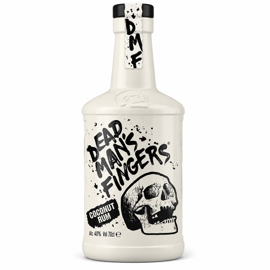 A bottle of Dead Man's Fingers Coconut Rum on a plain white background. The bottle is off-white with black text and a skull graphic on the label, and a black-and-white 'DMF' seal on the neck.