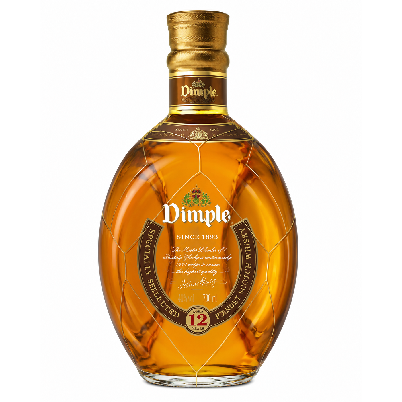 A 700 ml bottle of Dimple 12 Year Specialities Fender Bock on a solid white background.