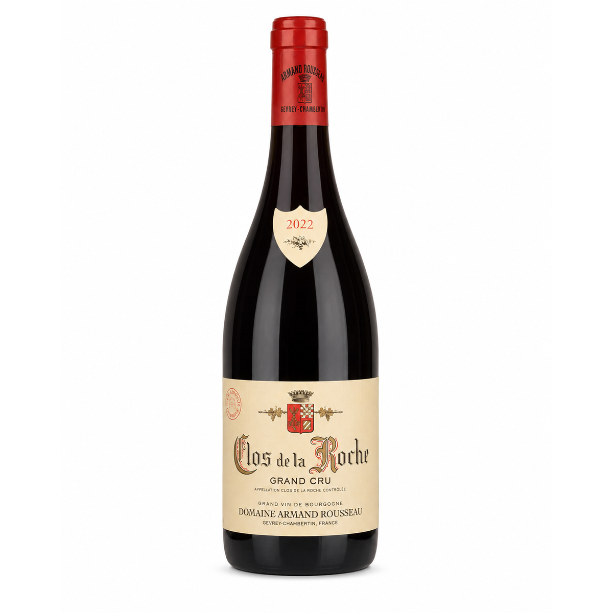 A bottle of Clos de la Roche Grand Cru red wine from Dourine Armand Rousseau, featuring a dark glass bottle, a red foil capsule, and a beige label with a cream shield badge showing the year 2022.