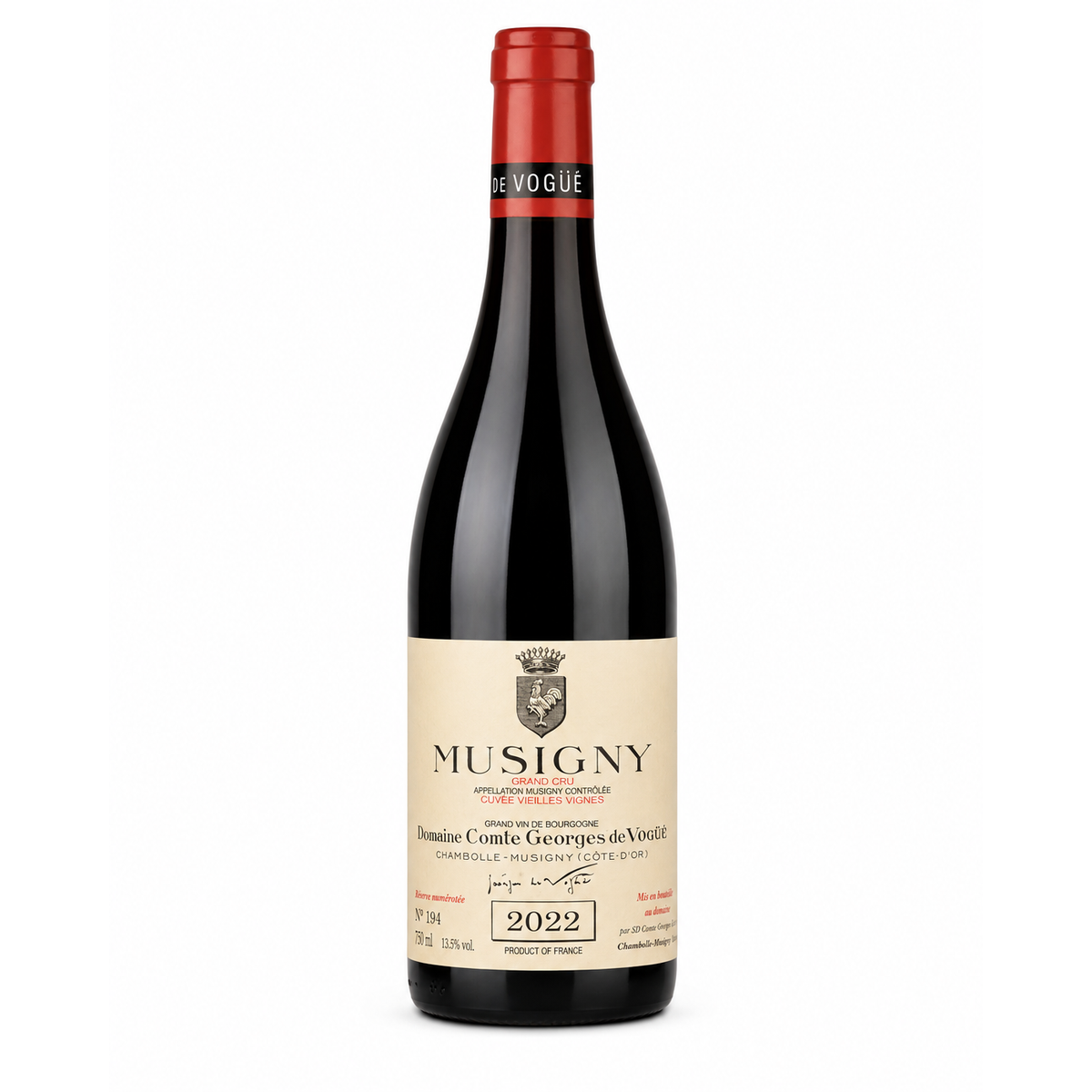 A bottle of Musigny red wine from Domaine Comte Georges de Violette, featuring a dark glass bottle, a cream-colored label with black text, and a red foil capsule at the top, set against a plain white background.