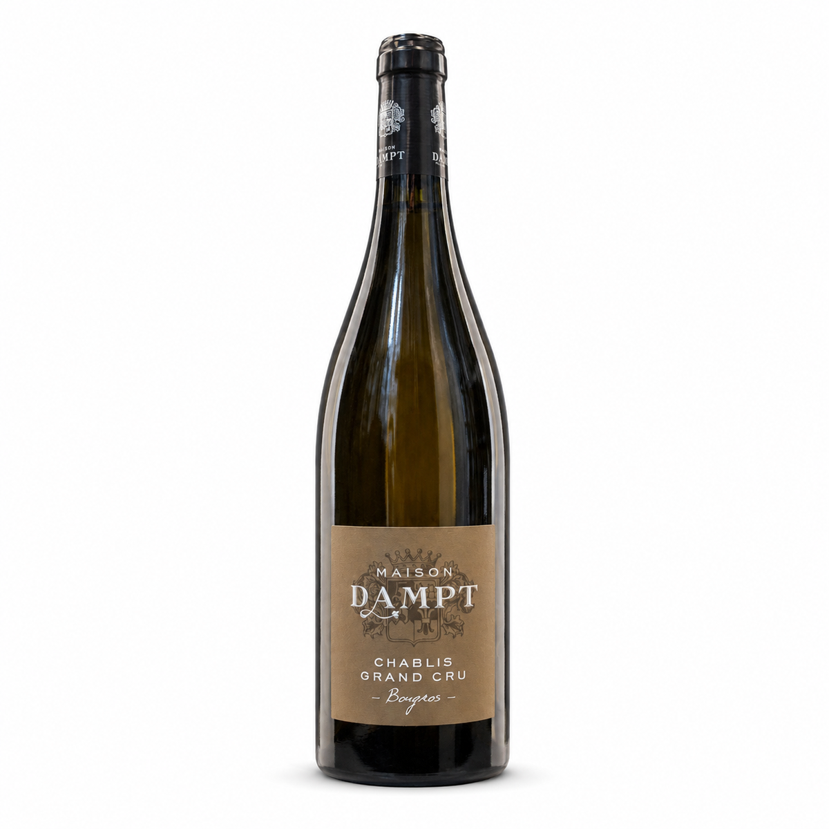 A bottle of Maison Dampt Chablis Grand Cru white wine, featuring a dark glass bottle with a tan label and black foil, set against a plain white background.