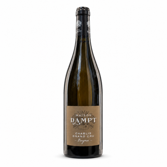 A bottle of Maison Dampt Chablis Grand Cru white wine, featuring a dark glass bottle with a tan label and black foil, set against a plain white background.