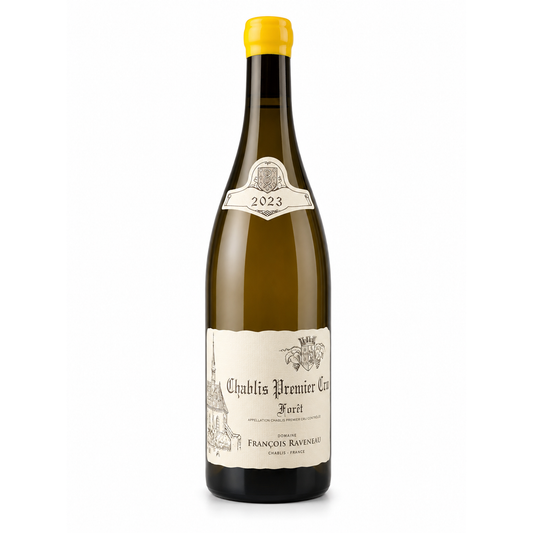 A bottle of Chablis Premier Cru French wine by François Ravensnar, featuring a dark green glass bottle with a bright yellow capsule and cream-colored labels.