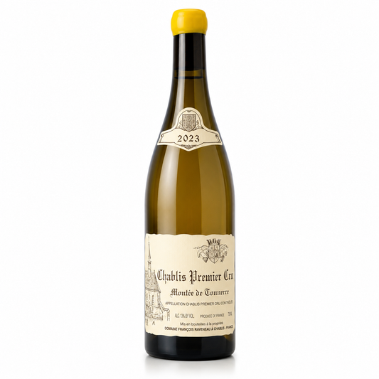 A bottle of Chablis Premier Cru wine with a yellow cap and cream-colored labels, shown on a clean white background.