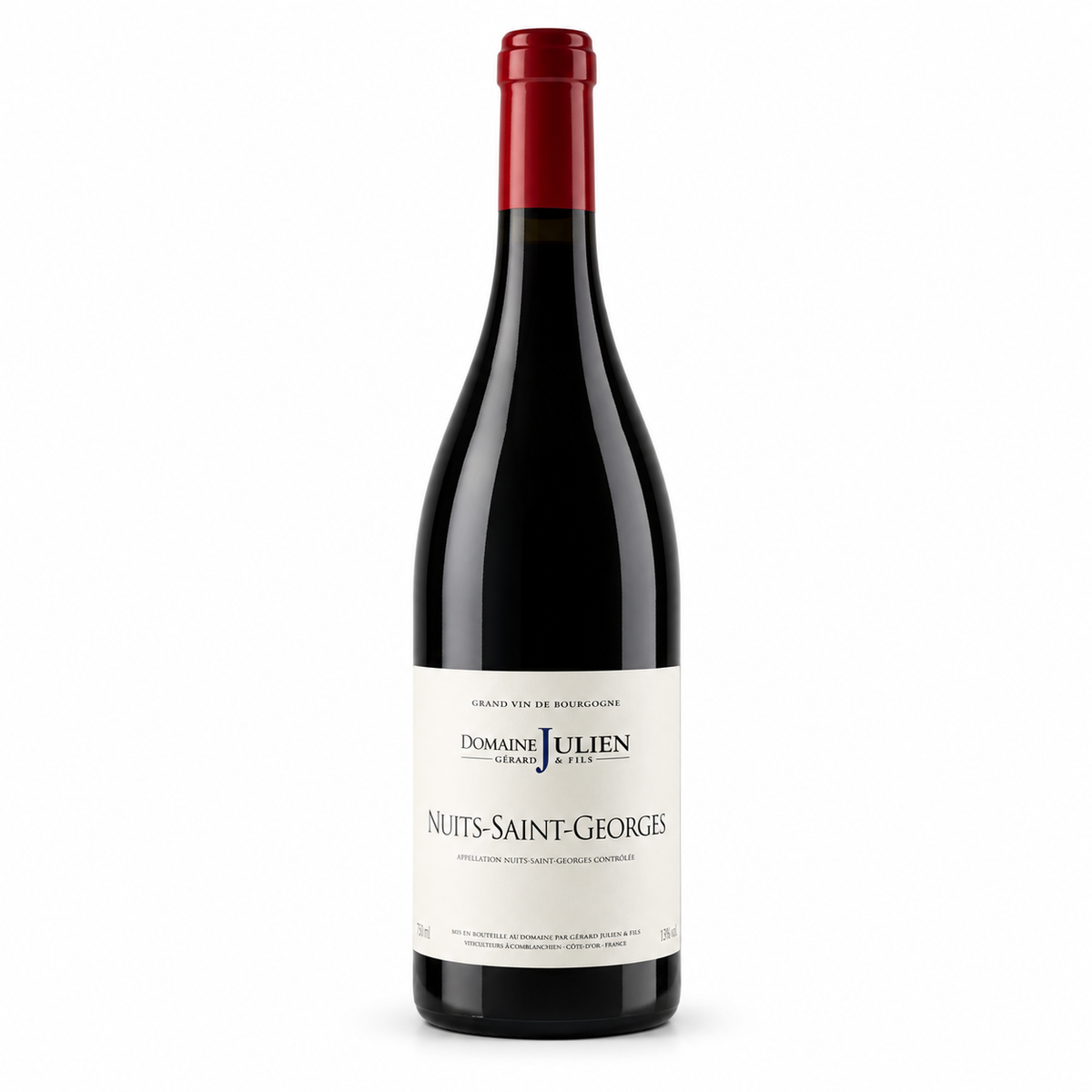 A bottle of Domaine Julien Nuits-Saint-Géorges red wine, featuring a dark glass bottle with a red foil capsule and a cream-colored label, set against a plain white background.