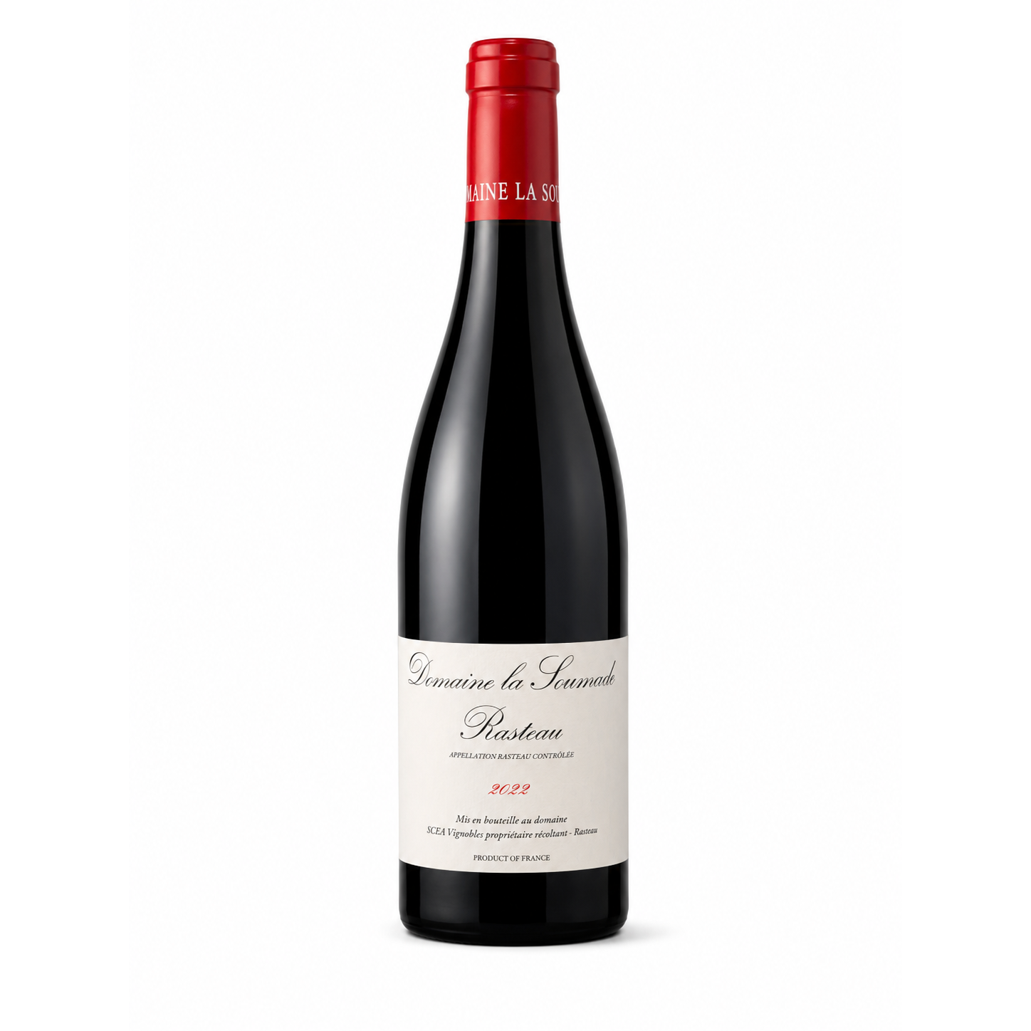 A bottle of red wine with a dark glass body, a cream-colored label, and a red foil capsule at the neck, shown on a plain white background.