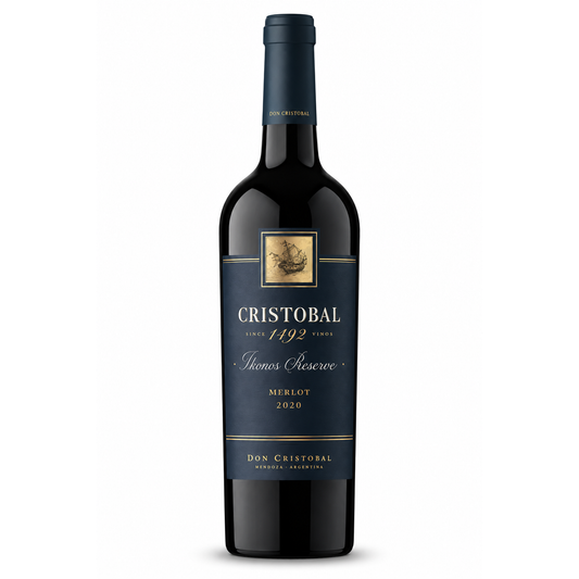 A bottle of Cristobal James Reserve Merlot 2020 wine, featuring a dark navy blue label with gold lettering and a small crest emblem, set against a plain white background.