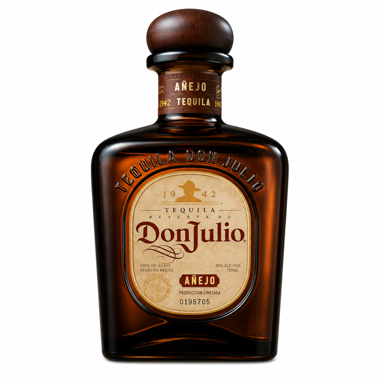 A bottle of Don Julio Añejo Tequila on a solid white background, featuring the brand's amber glass bottle with a dark brown wooden cap and a beige label.