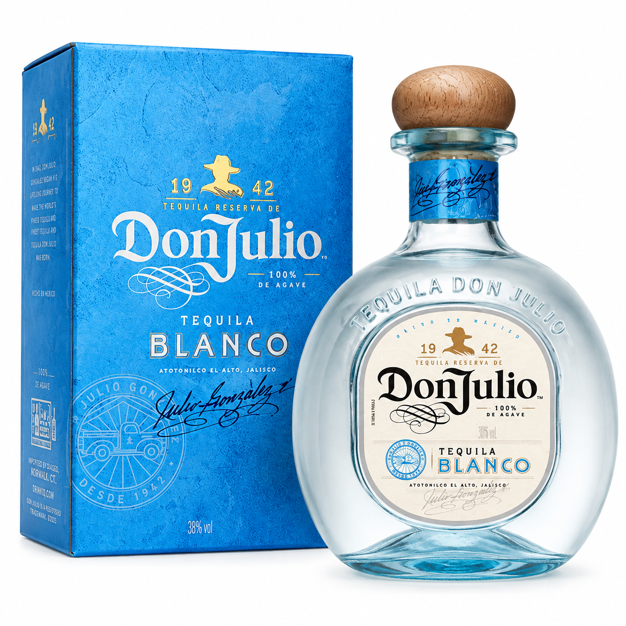 A bottle of Don Julio Tequila Blanco next to its blue packaging box on a white background.